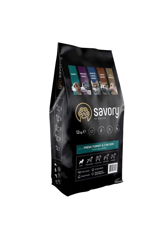Сухой корм для щенков со свежим мясом индейки и курицей 12 кг (4820232630303) Savory (364786321)