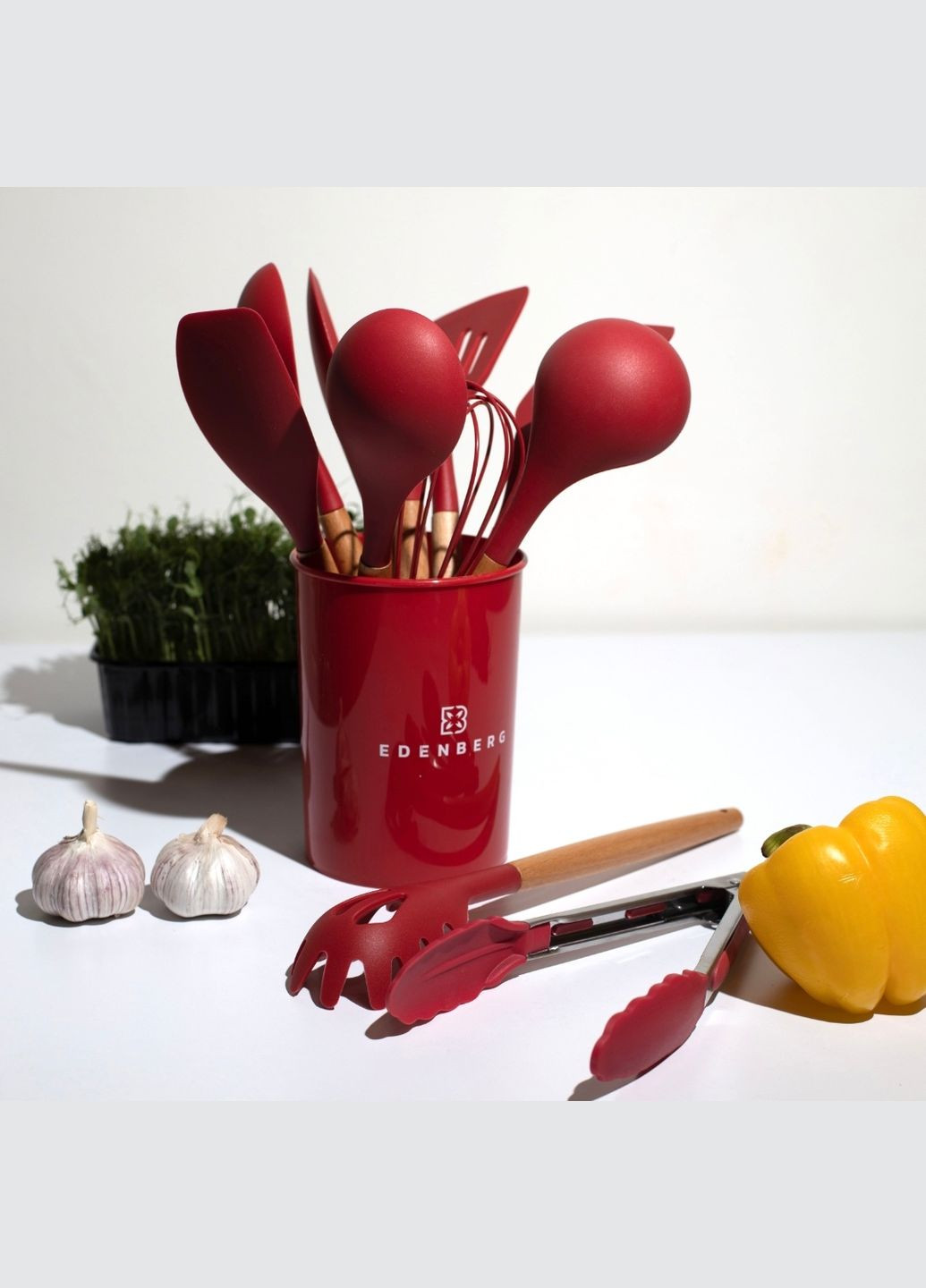 Набор кухонных силиконовых принадлежностей 12 предметов термостойких с деревьяными ручками EB-3610 КРАСНЫЙ Edenberg (316093361)