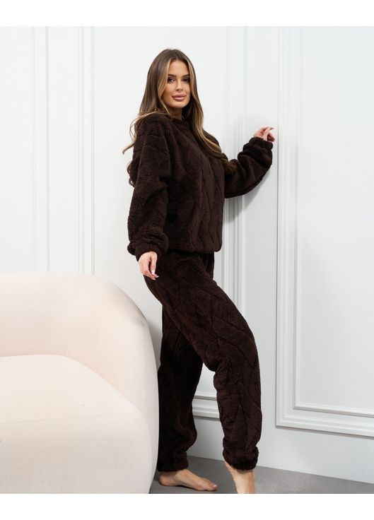 Темно-коричневая зимняя махровая пижама на эластичных манжетах свитшот + брюки ISSA PLUS