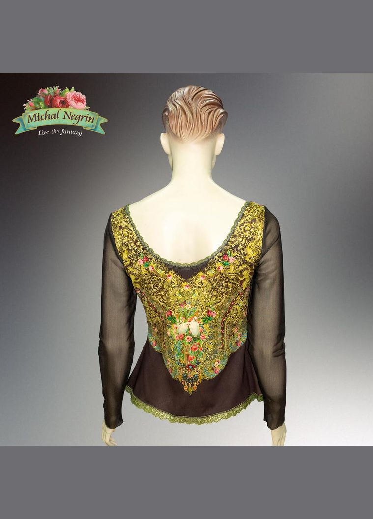 Коричневая блуза женская "золотой сад" с кристаллами swarovski, кружевом, вышивкой и цветочным принтом, ручная работа (р-m) Michal Negrin