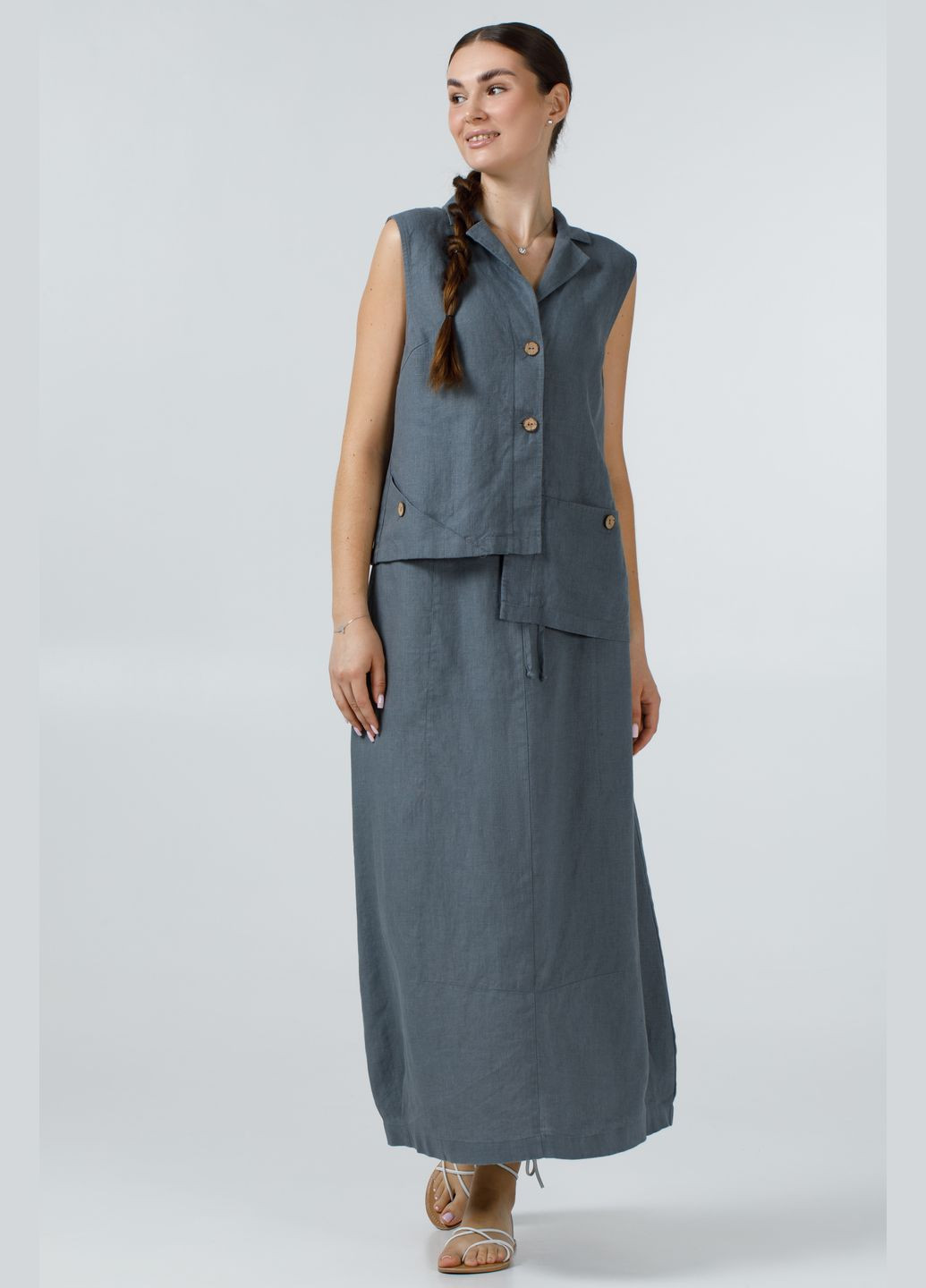 Жіноча спідниця з льону в стилі бохо однотонна на резинці та зав'язці з кишенями Даная., р., код 7420/52/999 ГАЛЕРЕЯ ЛЬОНУ (343051484)