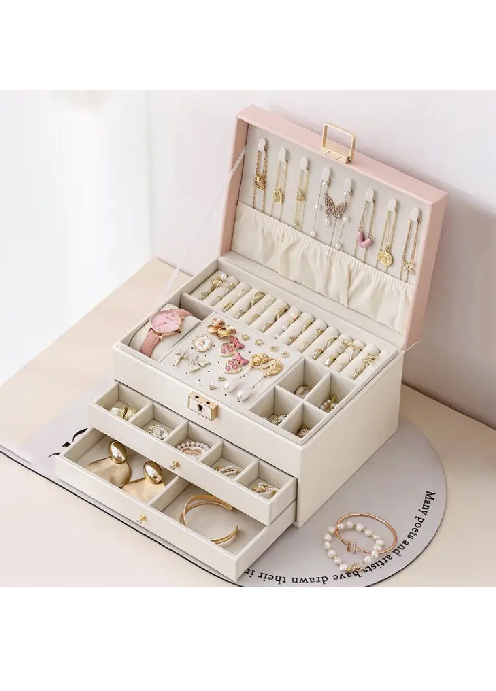 Шкатулка бокс кейс с рельефным узором на крышке ключом для хранения украшений из экокожи 23х13.5х17 см (481008-Prob) Пудровая Unbranded (350752237)