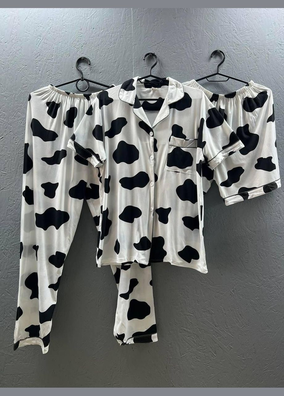 Комбинированная всесезон пижама (рубашка + шорты + штаны) женская с принтом (п4к-aur-pizham-005-02) No Brand