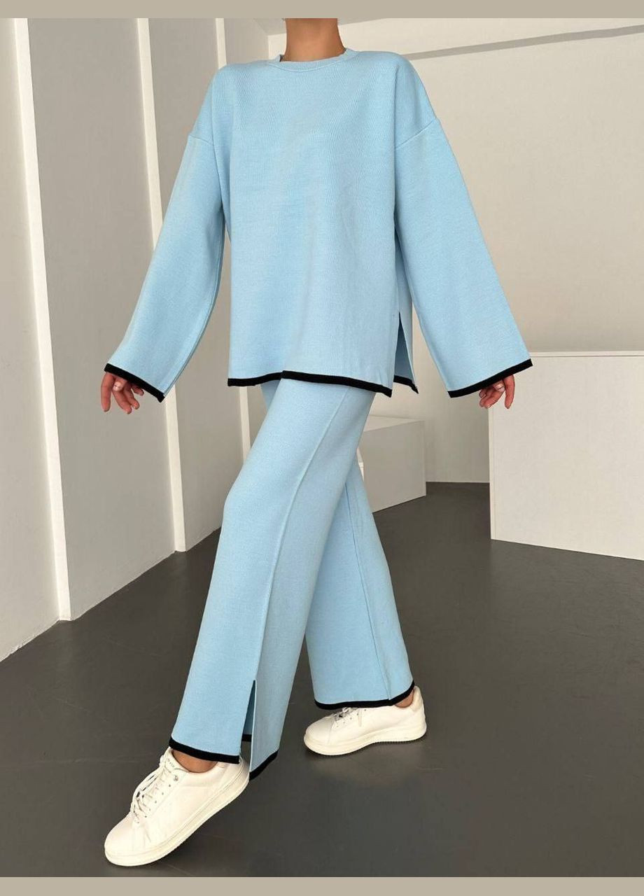 Женский стильный качественный голубой костюм трикотажный комплект лонгслив со свободными брюками No Brand костюм (284282568)