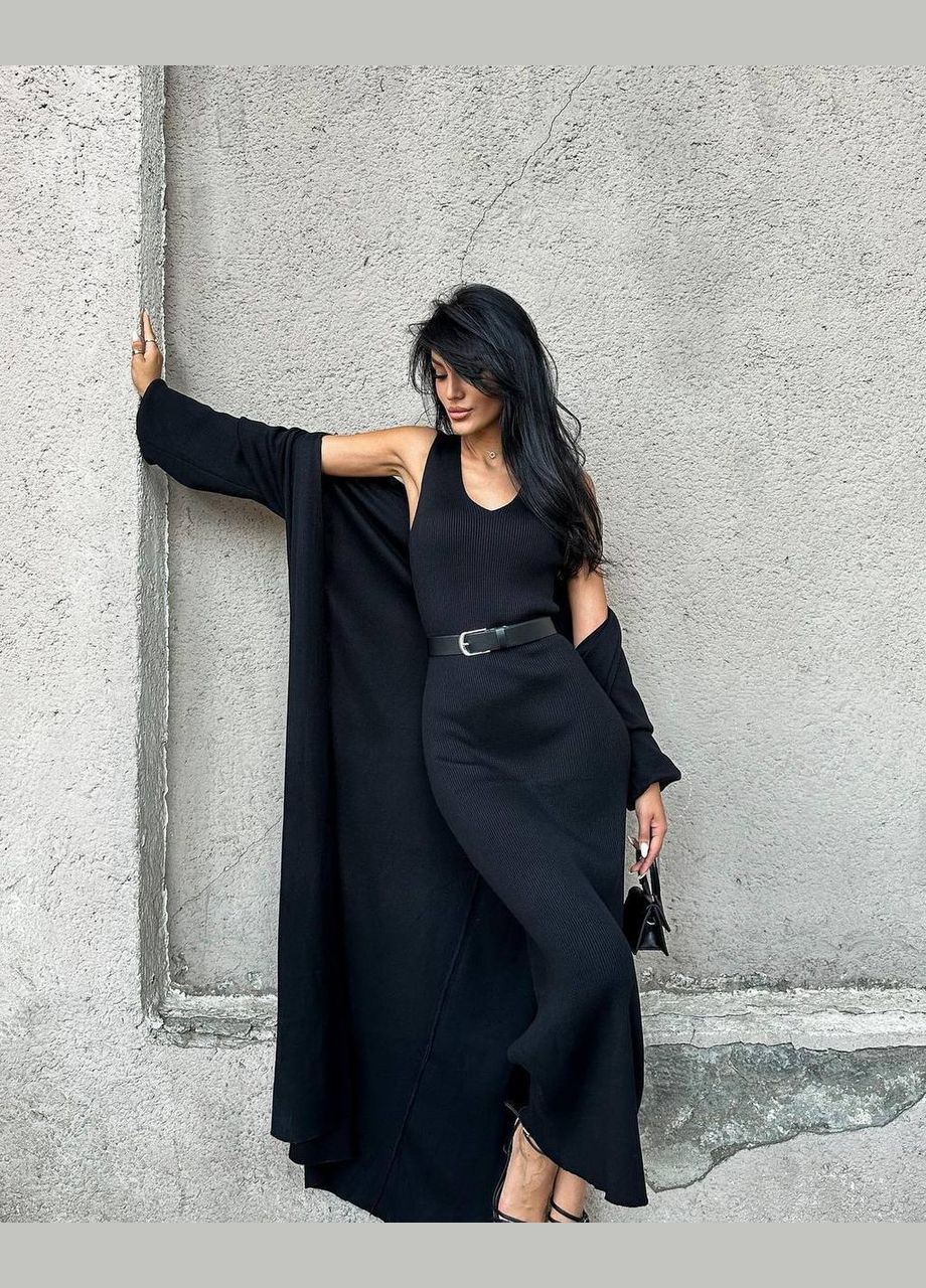 Черный летний нежный приятный к телу комплект (платье+кардиган) из качественного рубчика,черное приталённое платье-макси без рукава No Brand 522-2