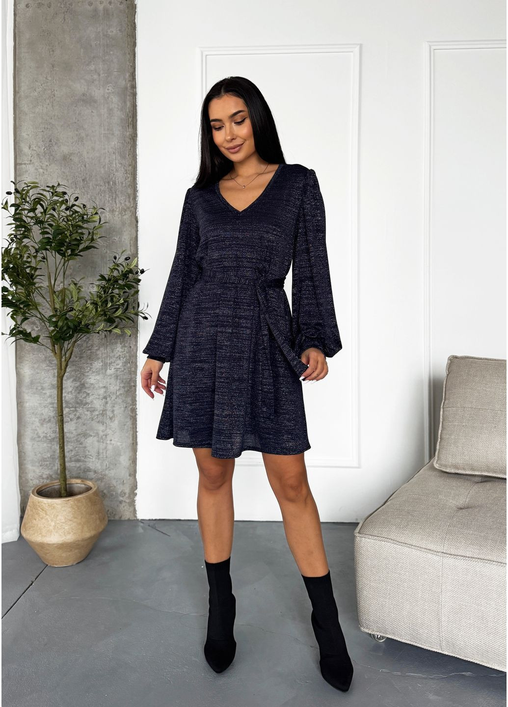 Темно-синее праздничный, повседневный, джинсовое, вечернее, кэжуал легкое стильное платье с люрексом а-силуэт INNOE меланжевое