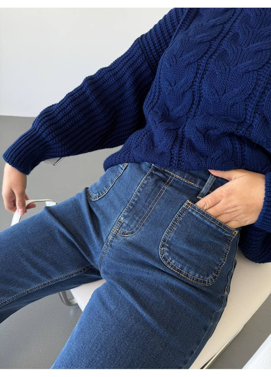 Синій демісезонний жіночий в'язаний светр оверсайз з візерунком MonCher