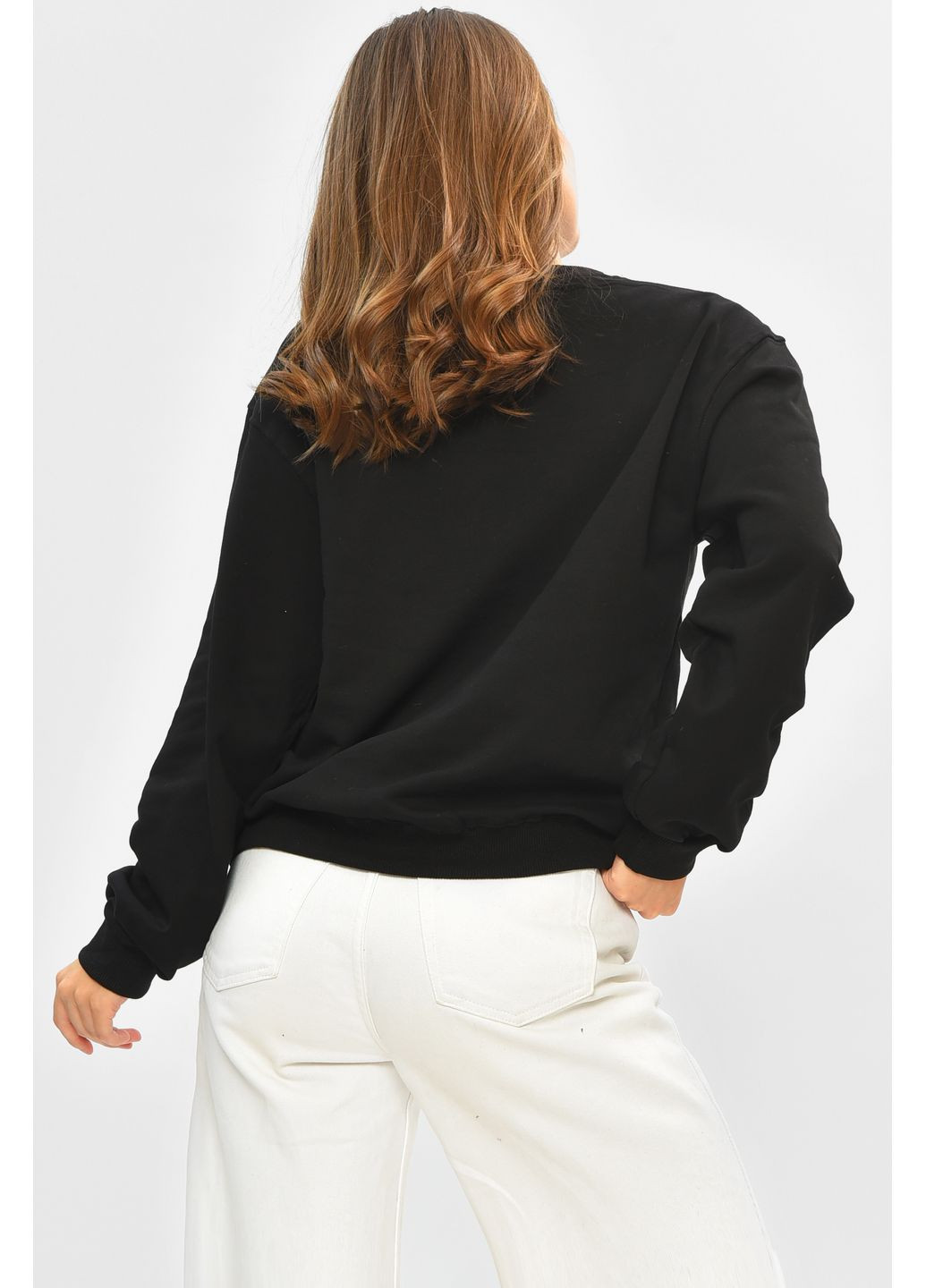 Чорний світшот жіночий чорного кольору з принтом Let's Shop напис без декору (360389469)