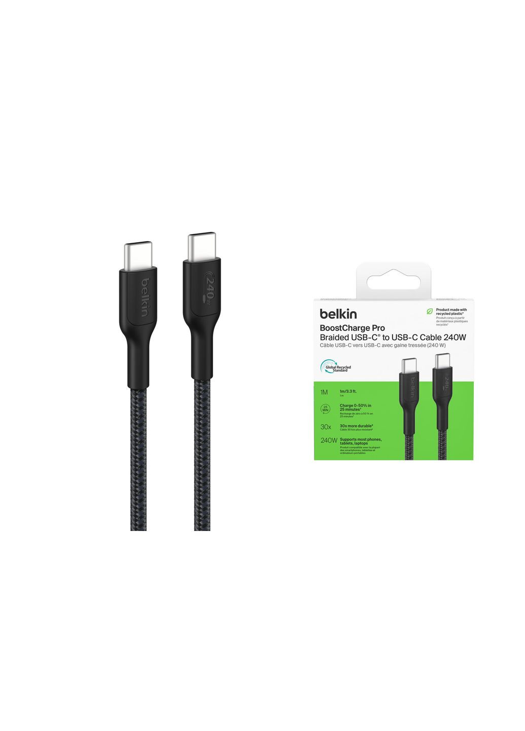 Кабель USB-C > USB-C заряджання/синхронізації 1м, 240Вт, Type-C, плетений, чорний Belkin (360400027)