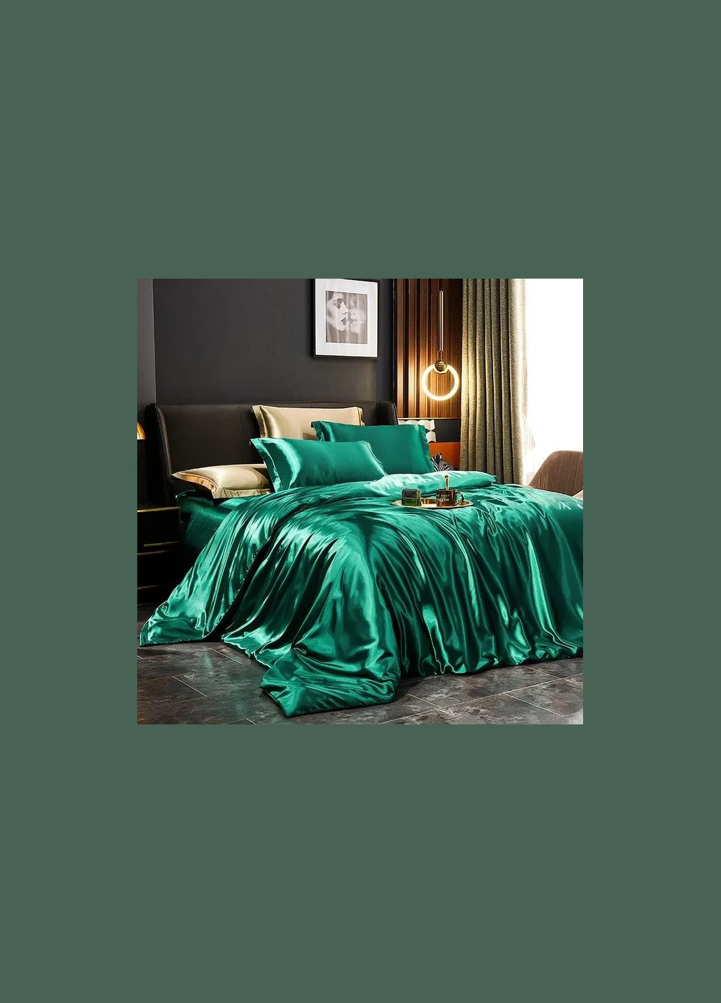 Атласное Зеленый бутылочный Полуторное постельное белье 145*210см и Дополнительные Бронзовые наволочки 2 шт Moka textile (308249914)