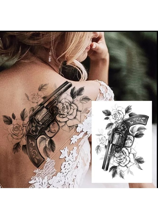 Тимчасове тату Револьвер у трояндах, Fine Line, контурні (HB391X) Tattoo (366891079)