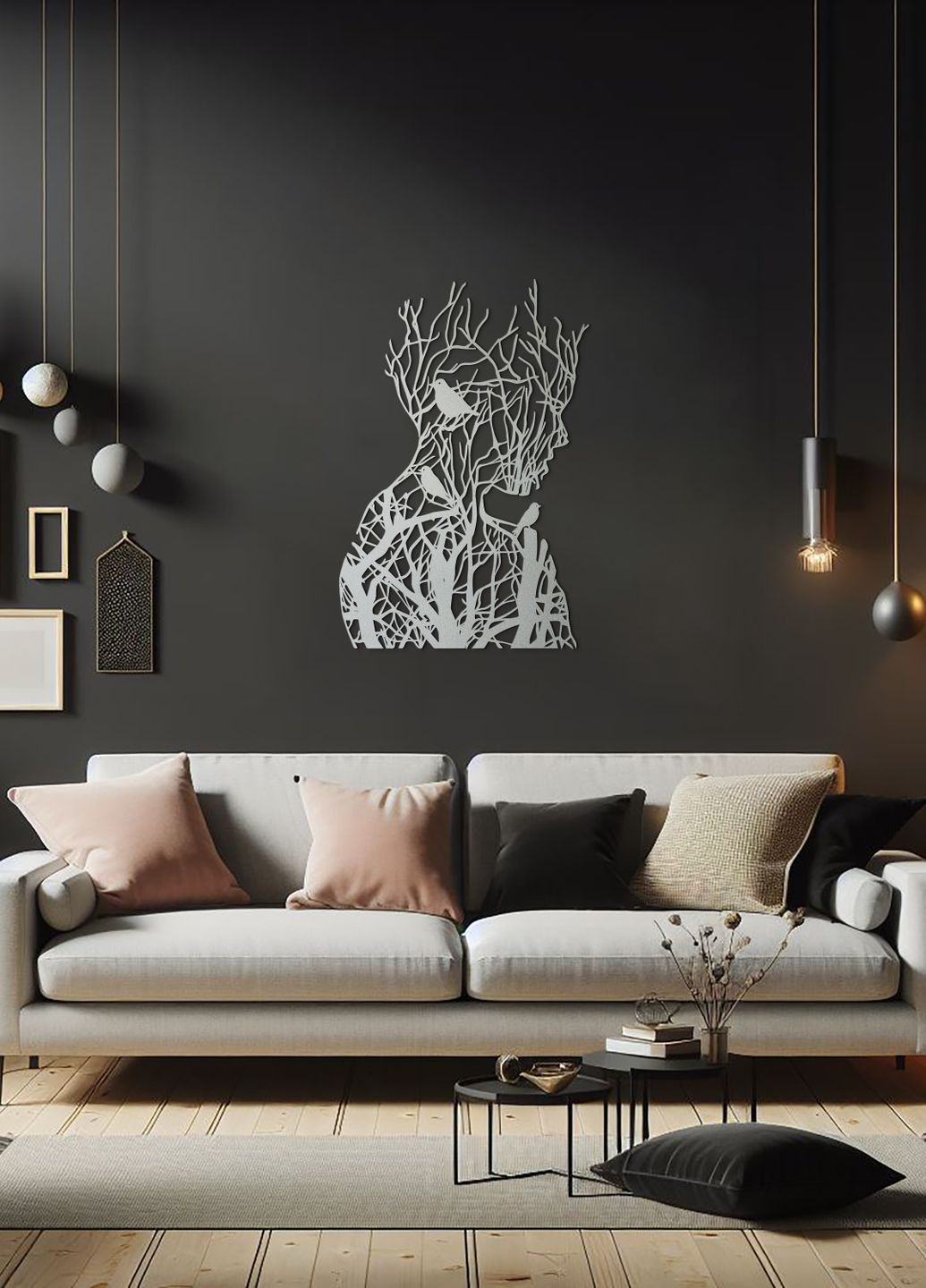 Настенный декор для дома, картина лофт "Кружева девушка с птицами", декоративное панно 95х65 см Woodyard (292114010)