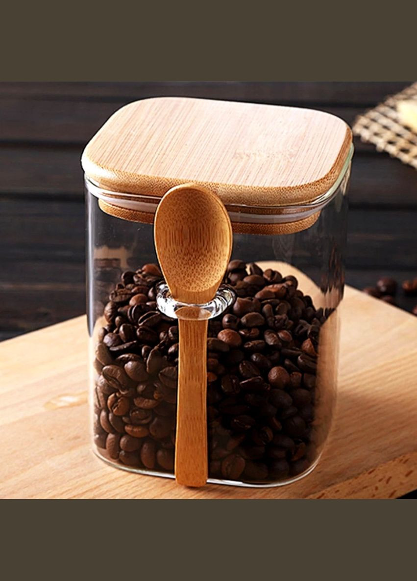 Квадратна скляна банка з дерев'яною ложкою з бамбуковою кришкою 800 мл Hell (303212332)
