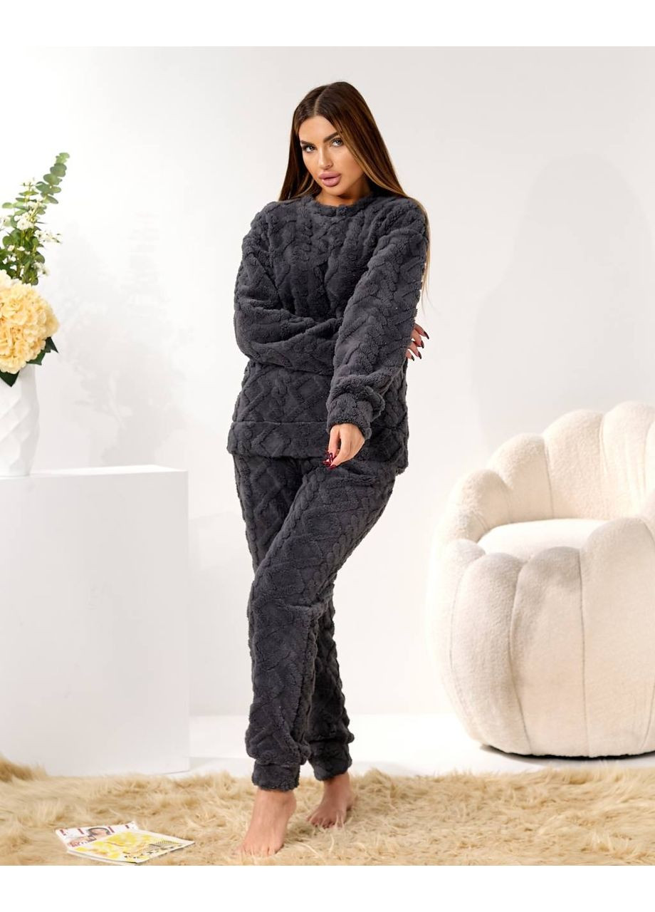 Серая зимняя женский домашний махровый костюм Fashion