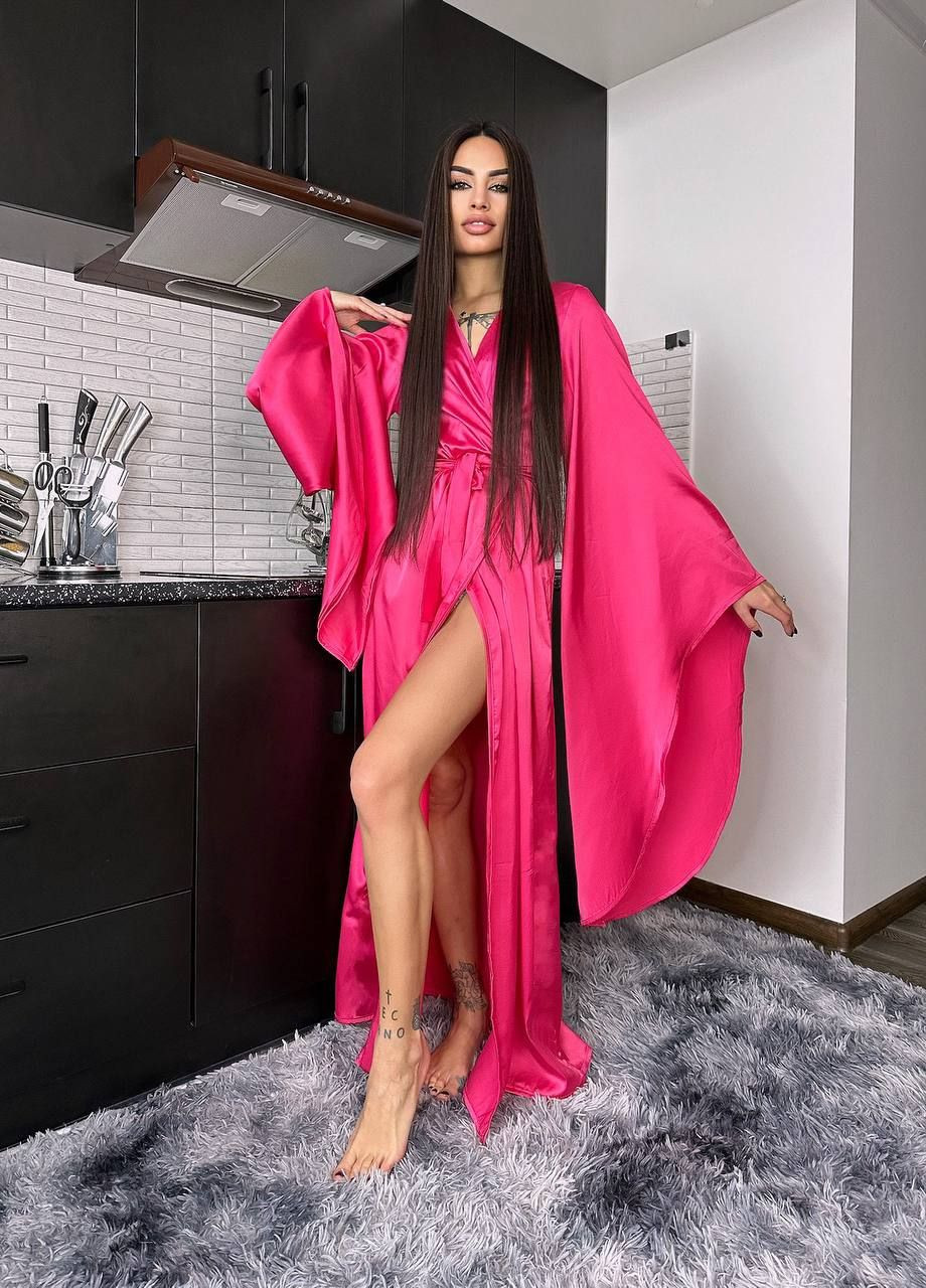 Жіночий розкішний довгий коричневий шовковий халат кімоно на запах з довгими рукавами шоколадний No Brand (315337478)