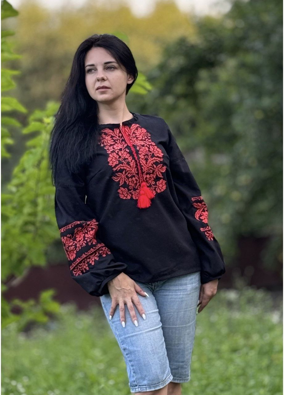 Чёрная борщаговская женская вышиванка с длинным рукавом на черном домотканом полотне узор орнамент прямой, свободная хлопок (353390242)