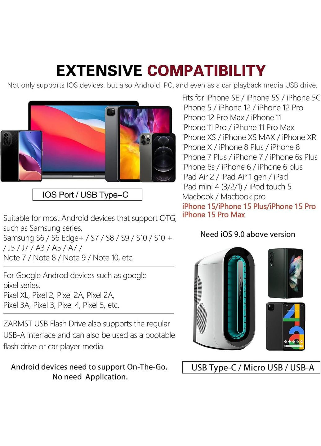 Флеш-накопитель ZARMST 4 В 1. 256 ГБ.Флешка для iPhone, iPad, Android, компьютера. Скорость чтения до 80 Мб/с No Brand (364273403)