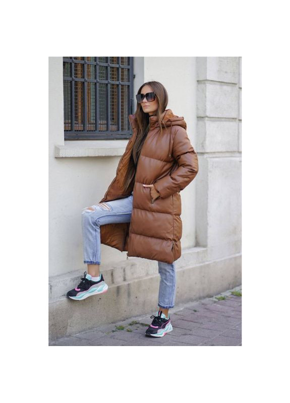 Коричнева зимня куртка жіноча еко шкіра пуховик (коричнева), розмір одягу s-m, колір коричневий KRK KARAKAS