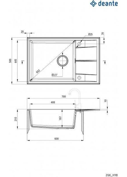 Кухонная мойка Eridan 780х500х210 мм (ZQE_G11B) Deante (332958132)