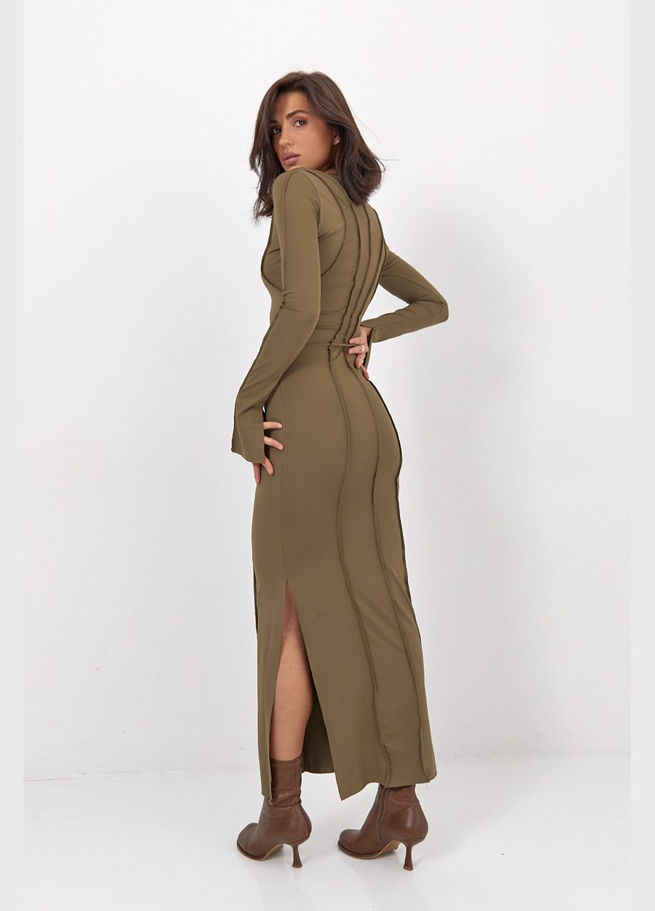 Оливкова (хакі) відвертий довга приталена сукня зі швами назовні - хакі Lurex