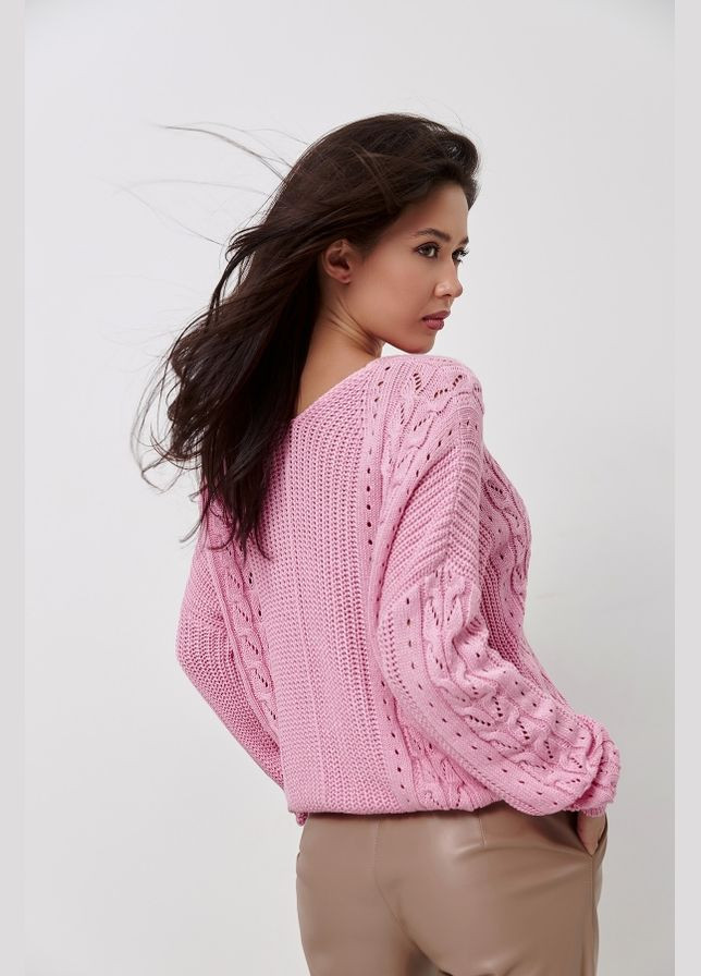 Розовый демисезонный джемпер из хлопка и вискозы с ажурными косами (2720) Triko Bakh