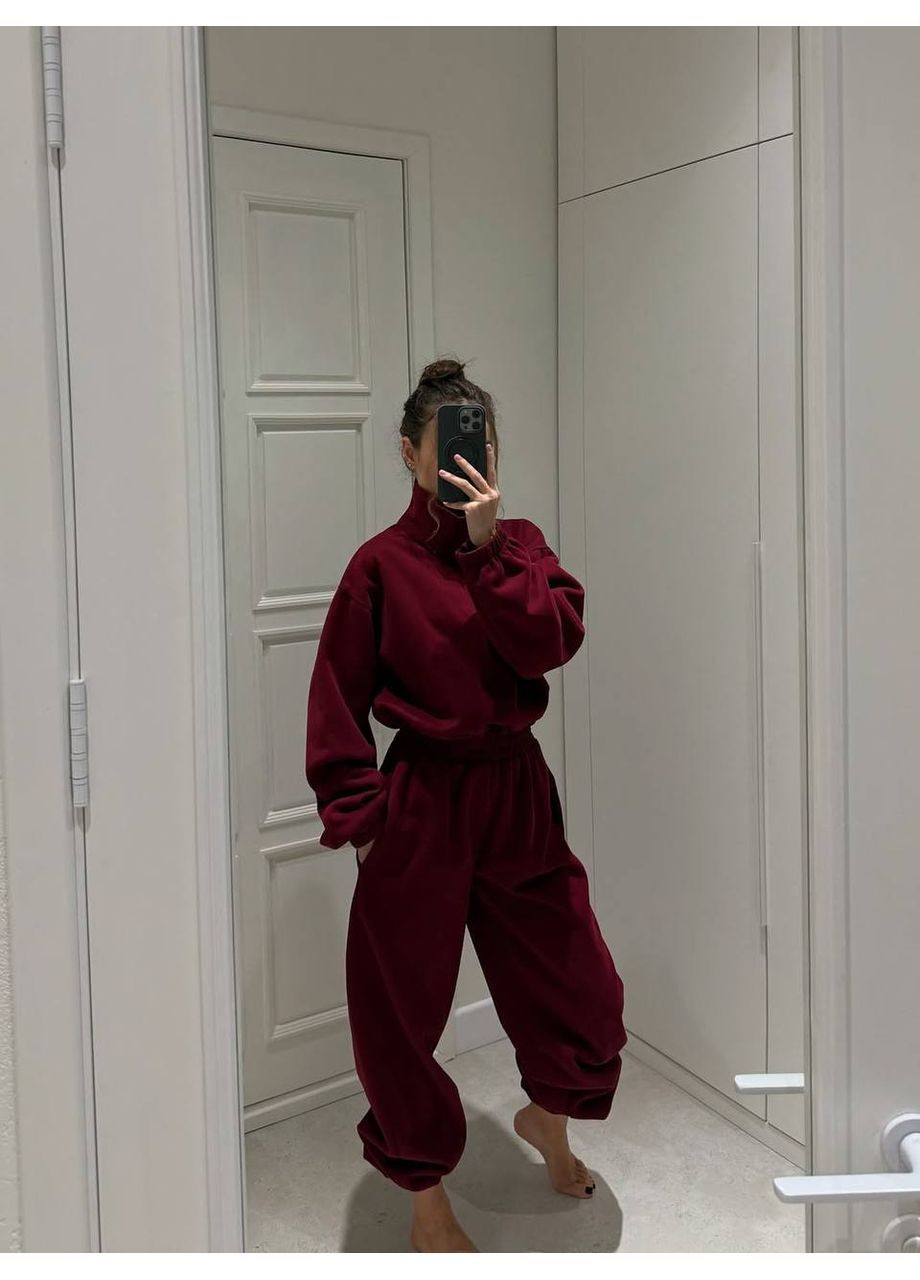 Женский комбинезон Гермес комбинезон-брюки однотонный бордовый повседневный трехнитка с начесом