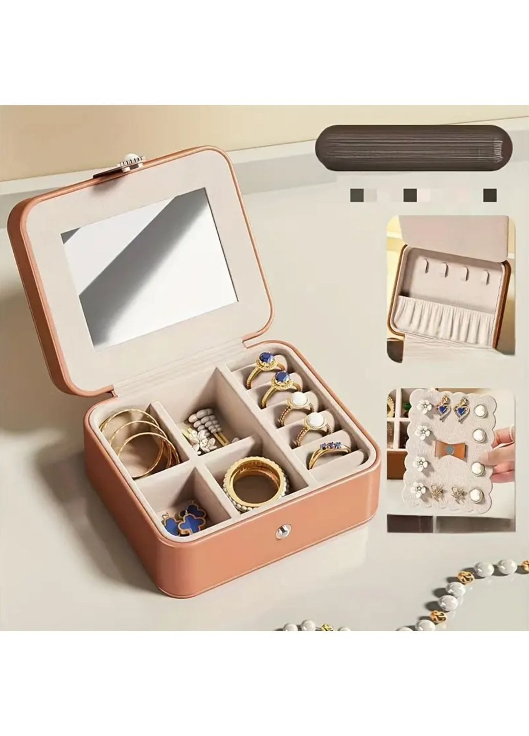 Містка стьобана скринька для прикрас з дзеркалом кольору пильної троянди No Brand (316580413)