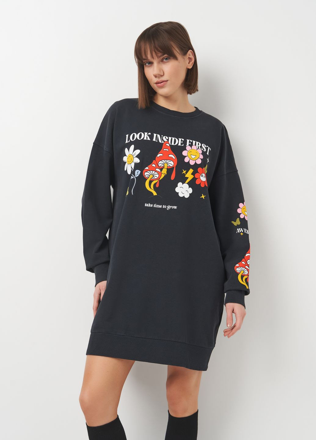 Серое кэжуал платье-свитшот из хлопка C&A однотонное