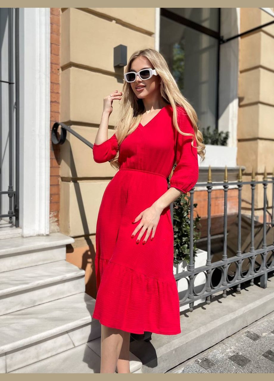 Красное повседневный женское летнее платье длины меди из муслина MonCher