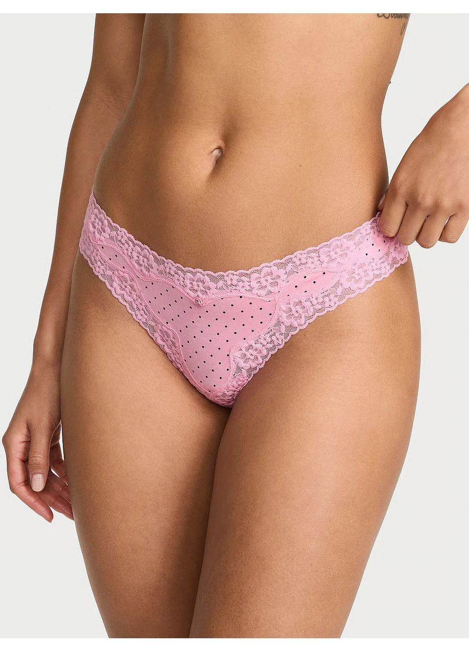 Трусики-стринги хлопковые Cotton Lace-Waist Thong Panty розовые L Victoria's Secret (401236655)