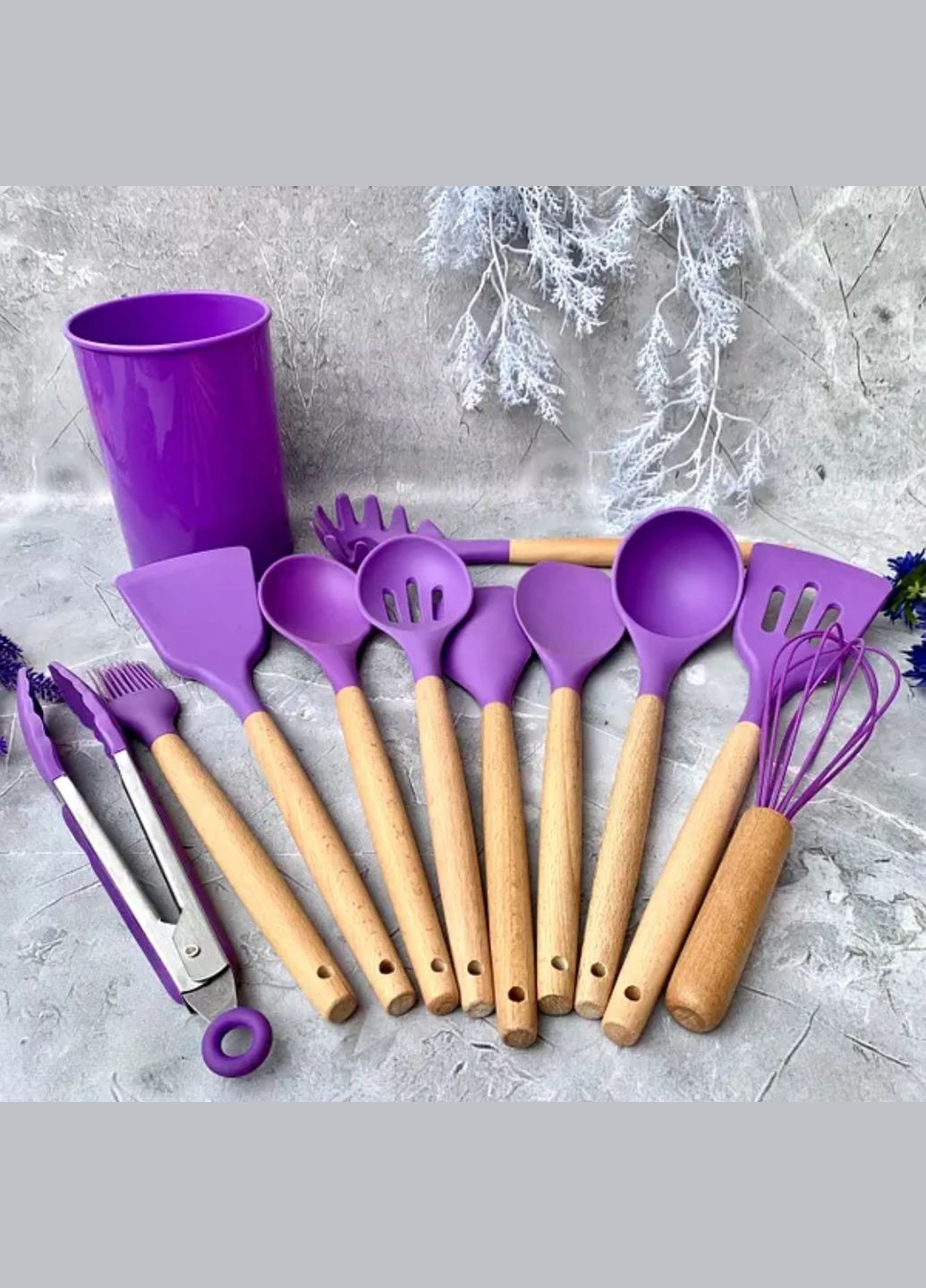Набір кухонного силіконового приладдя 12 термостійких предметів з дерев'яними ручками EB-3610 ФІОЛЕТОВИЙ Edenberg (316093356)