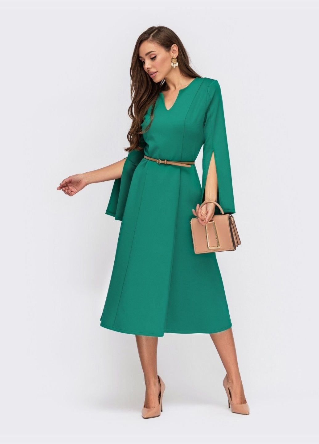 Бирюзовое вечернее бирюзовое платье из трикотажа с разрезами на рукавах клеш Dressa однотонное