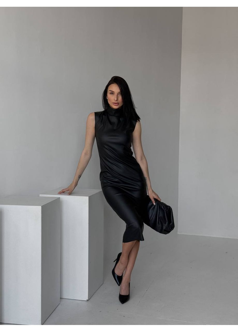 Черное праздничный, вечернее, деловое, кэжуал женское кожаное платье силуэтная Avanti однотонное