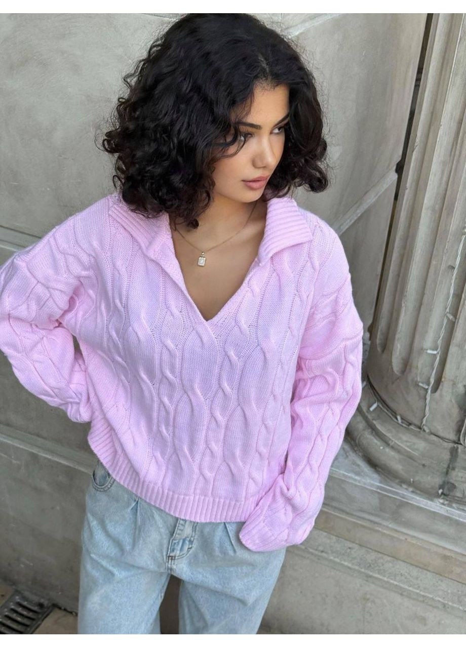 Розовый демисезонный женский свитер с воротником поло Україна