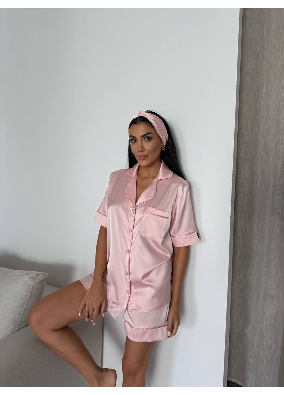 Розовая всесезон сатиновая пижама шортиками с повязкой, l рубашка + шорты No Brand