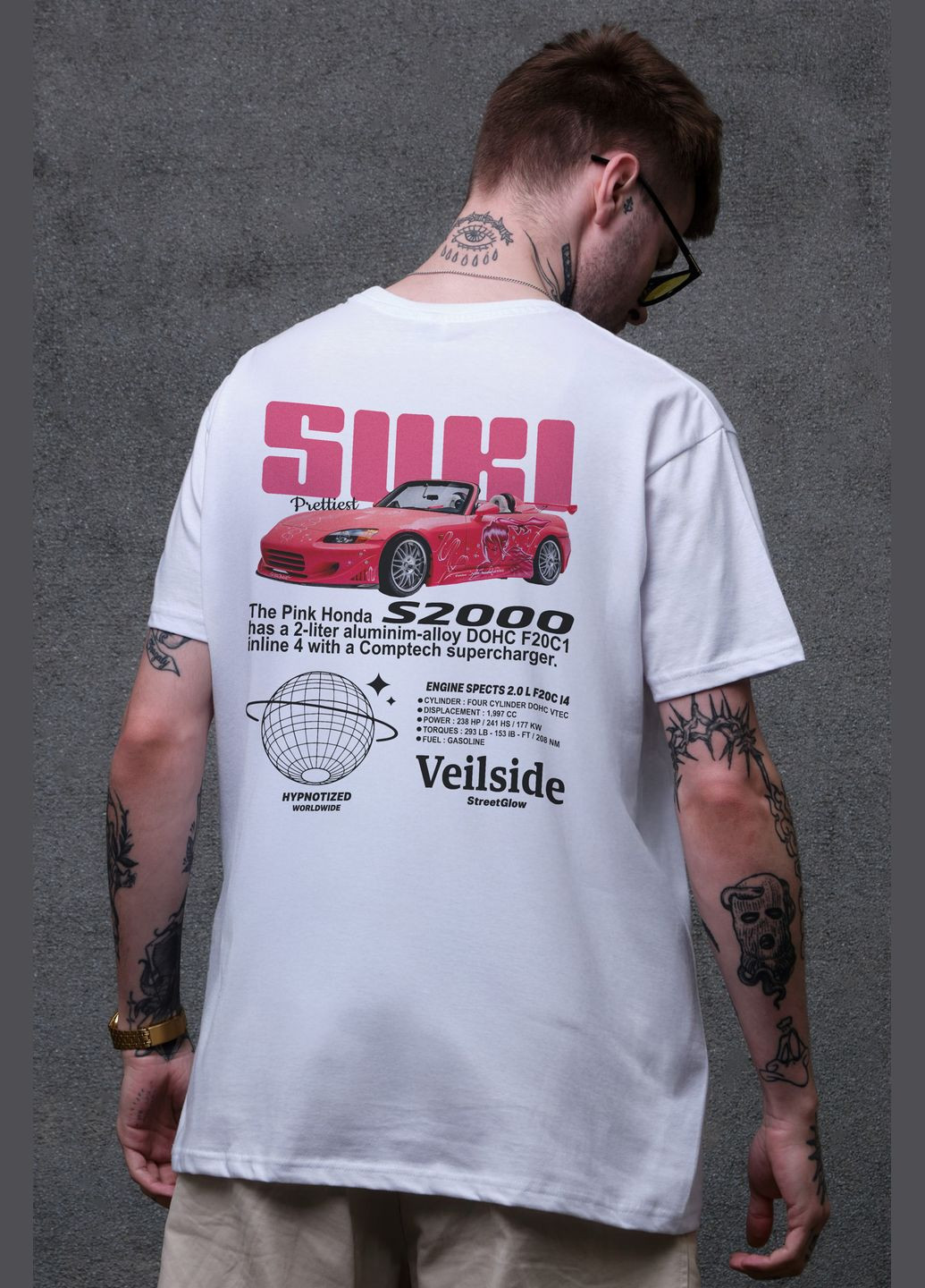 Белая мужская оверсайз футболка с принтом suki с длинным рукавом Without