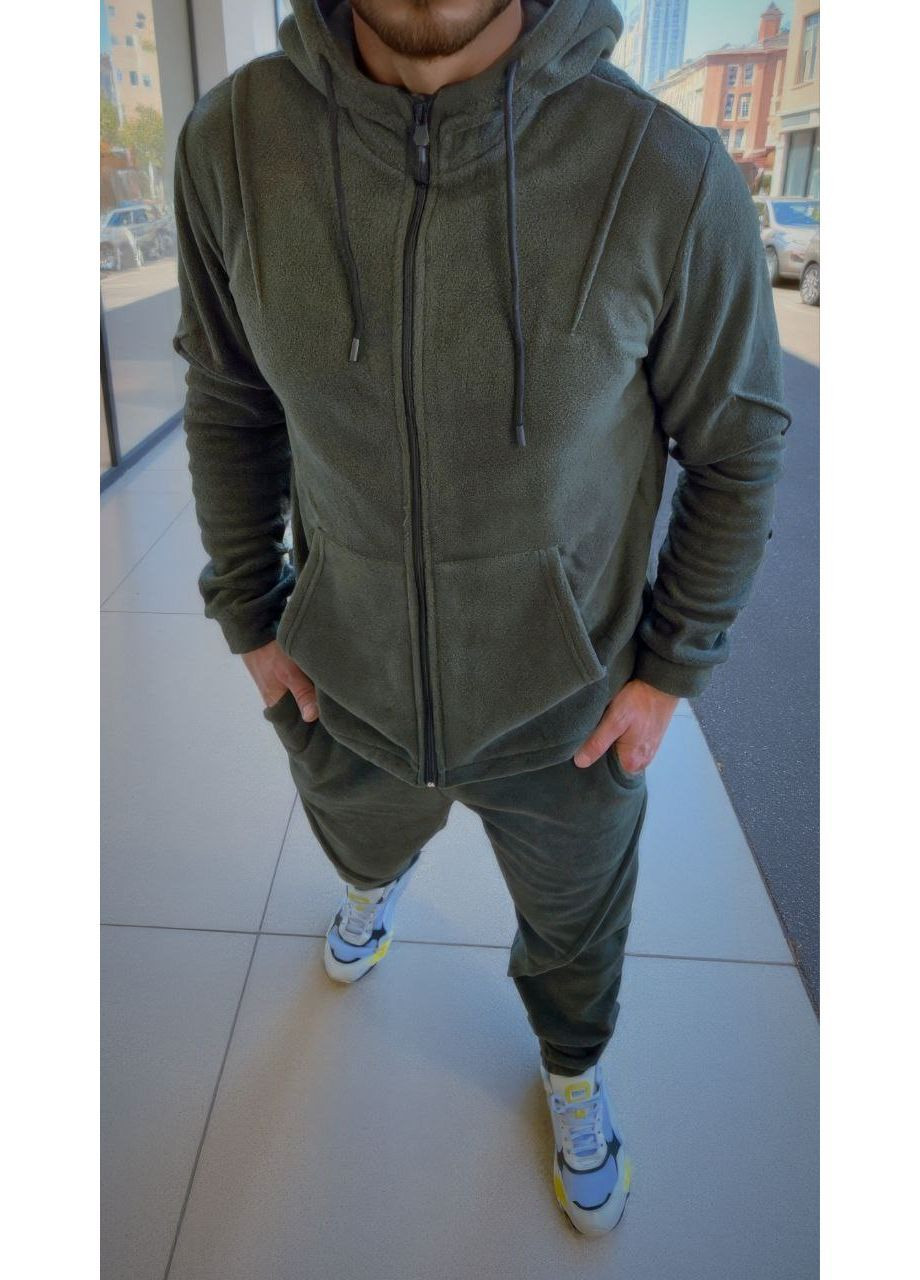 Оливковый (хаки) костюм мужской теплый флис плотный брюки и соп тощие с капюшоном No Brand