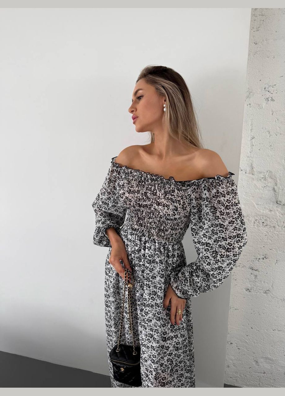 Белое воздушное нежное белое с черным платье с лёгким креплением шифона с подкладкой No Brand