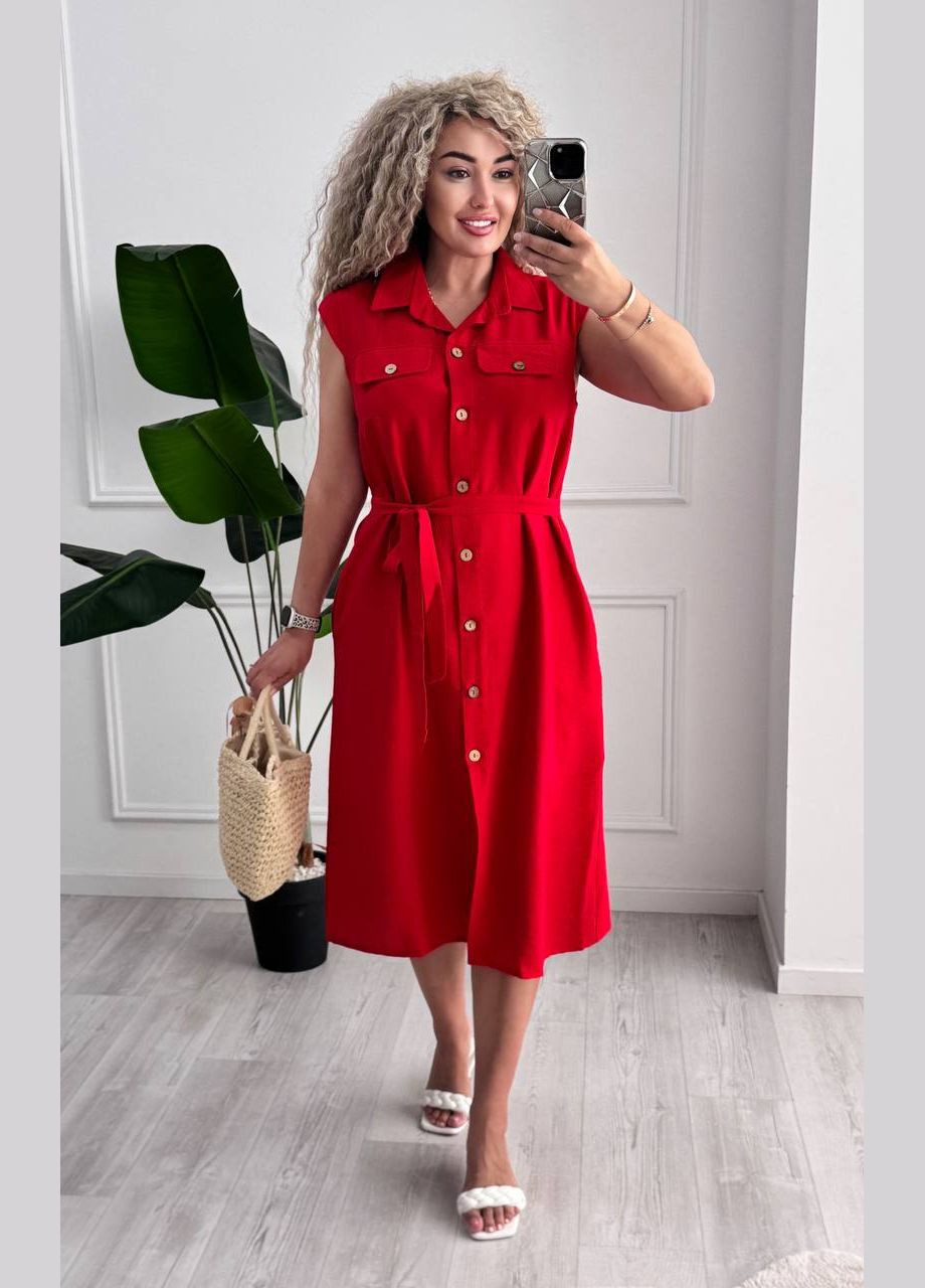 Червона повсякденний, кежуал жіноча сукня на ґудзиках із поясом Style Point однотонна
