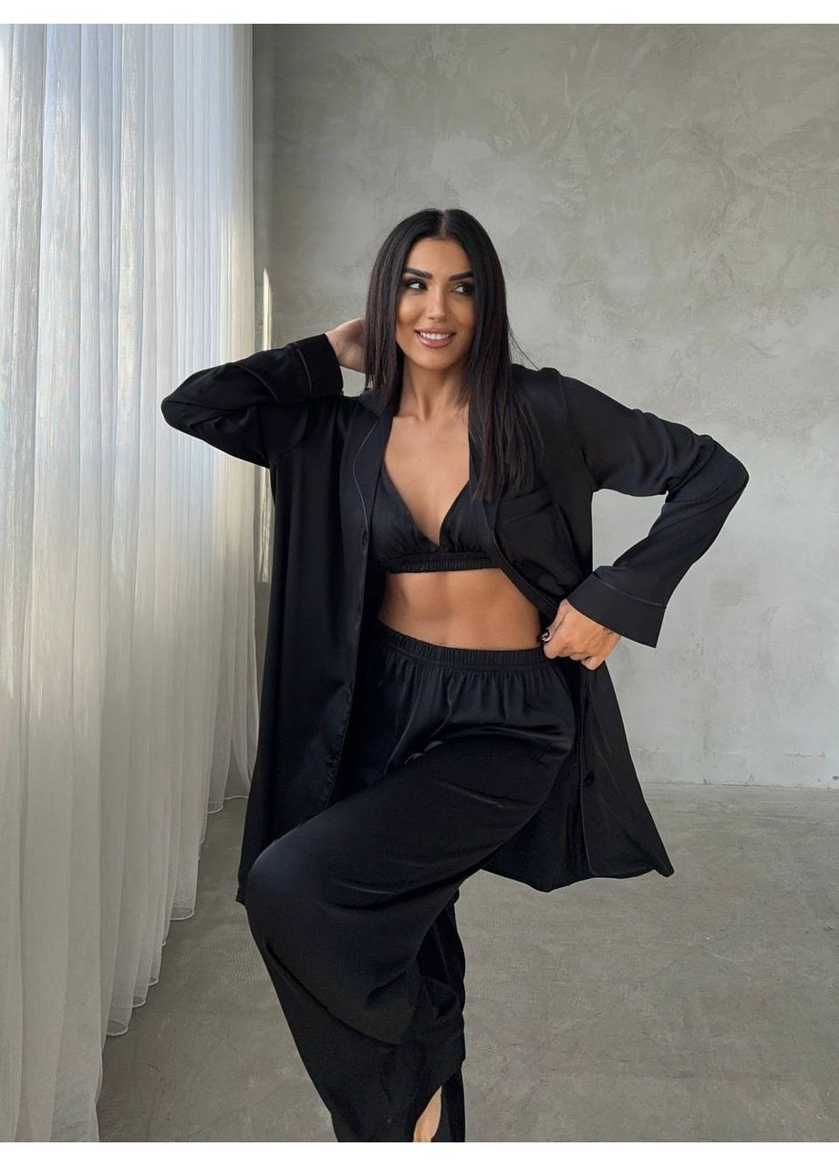 Чорна всесезон розкішна сатинова піжама трійка сорочка + топ + брюки Vakko