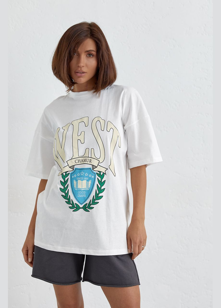 Молочна літня бавовняна футболка оверсайз з написом west 24224 з коротким рукавом Lurex