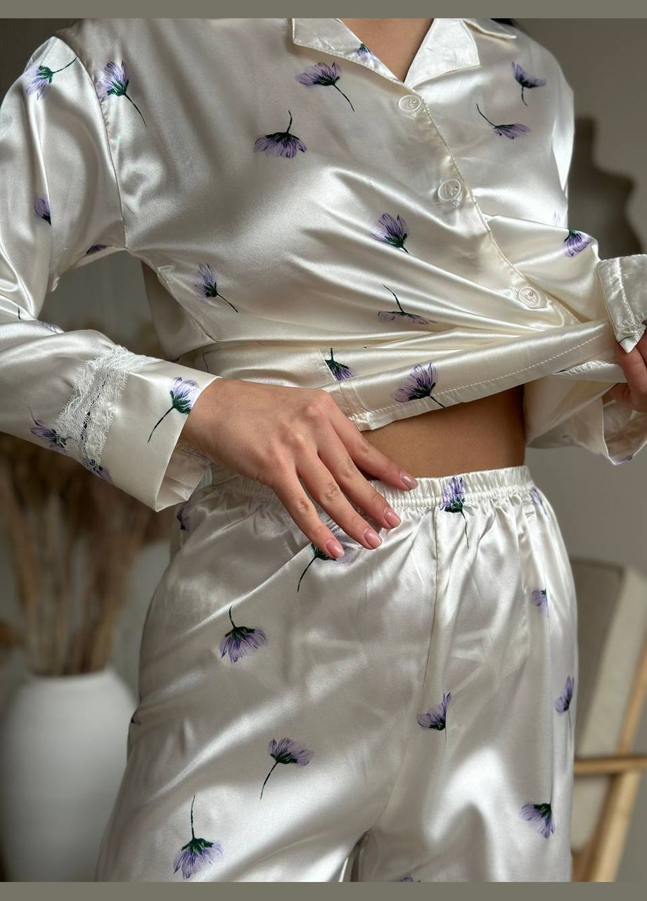 Молочна всесезон стильна шовкова піжамка з ніжним принтом сорочка + брюки Vakko