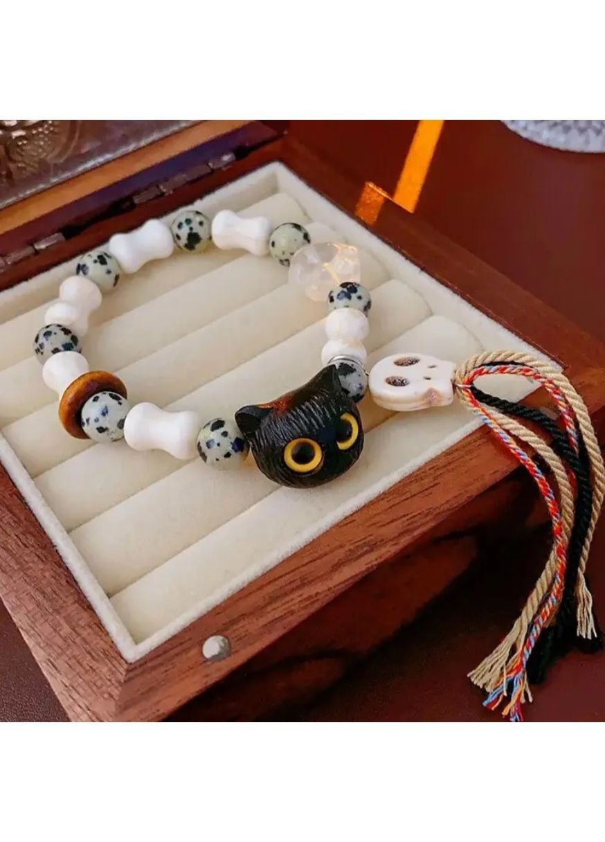 Браслет мистический унисекс с черепом и чёрным котом, ручная работа, натуральный камень и бусины, амулет на удачу No Brand (365280072)