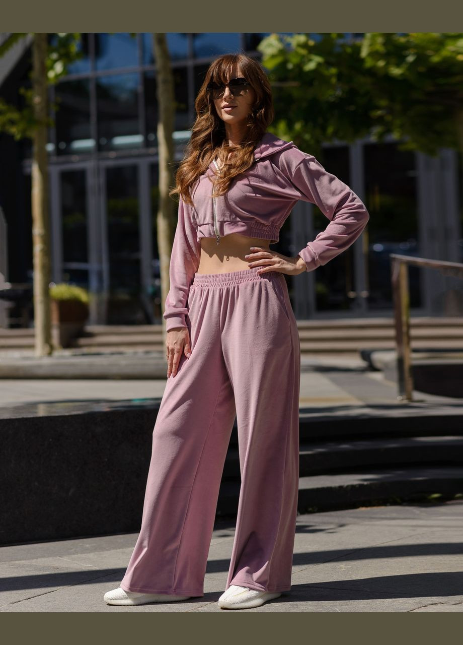 Жіночий костюм з велюру кофта на змійці з капюшоном та штани-палаццо Бузковий Maybel (294057691)