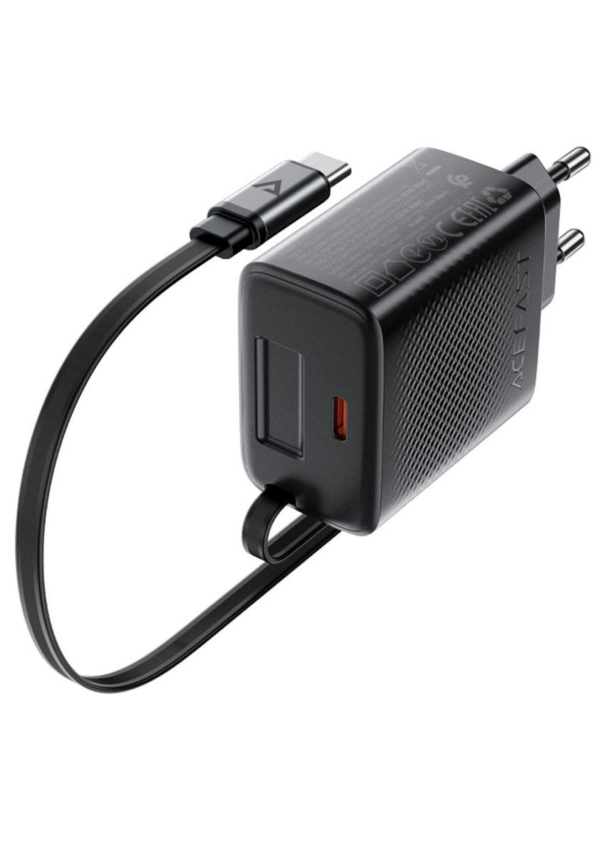 Сетевое зарядное устройство PD30W GaN charger (USB-C+USB-C) with retractable cable (EU) Black Acefast A110 (340277945)