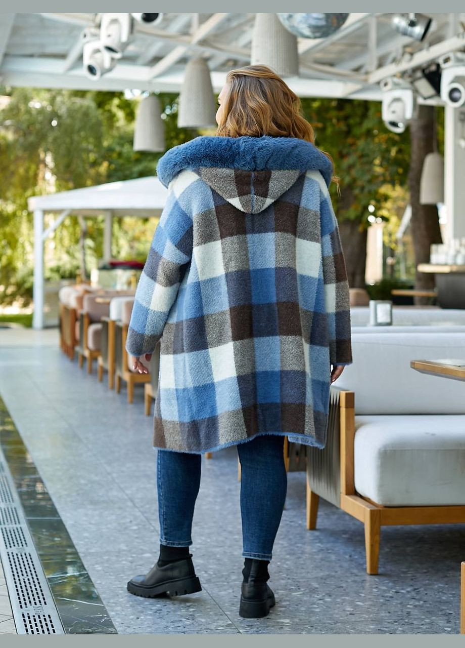 Голубое зимнее Пальто из альпаки в розовую клеточку 48-54 KVAN