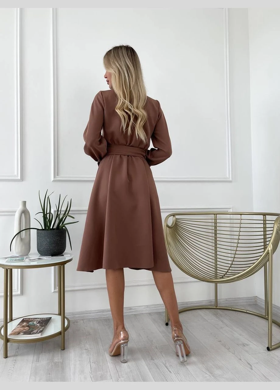 Кофейное платье миди с поясом Fashion