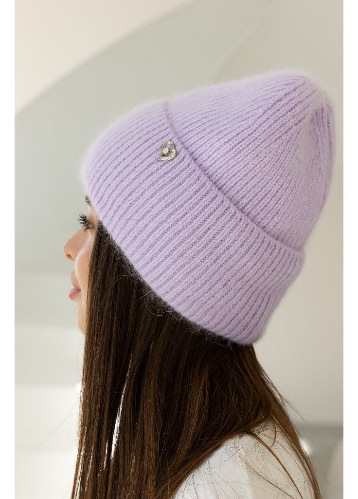 Тепла жіноча шапка "Ангора Серденько" з флісовою підкладко Бузковий No Brand (370606526)