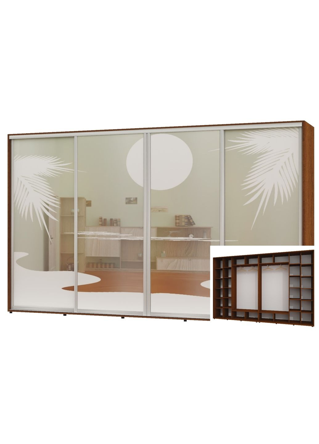 Шафа-купе чотиридверна 420*45*230 Горіх лісовий Дзеркало з піскострумним малюнком Алекса (360445518)