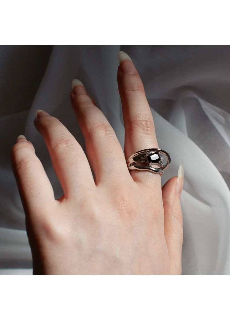 Багатошарове колечко в асиметричному дизайні срібляста з чорним камінцем унісекс широке футуристичний мінімалізм стиль y2k панк No Brand (370293014)